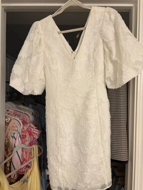 Endless Rose White Textured V-Neck Puff Sleeve Mini Dress